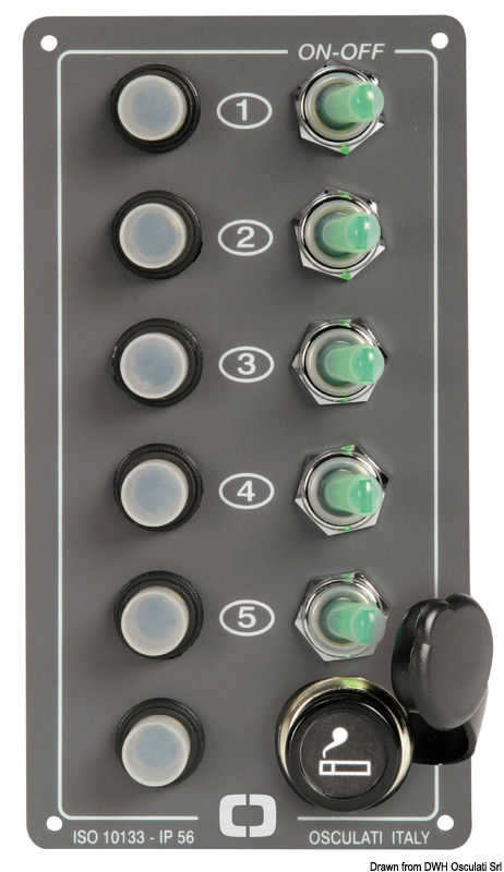 Switch panel with 5 (4+1MOM) switches + 12V socket 170x90mm