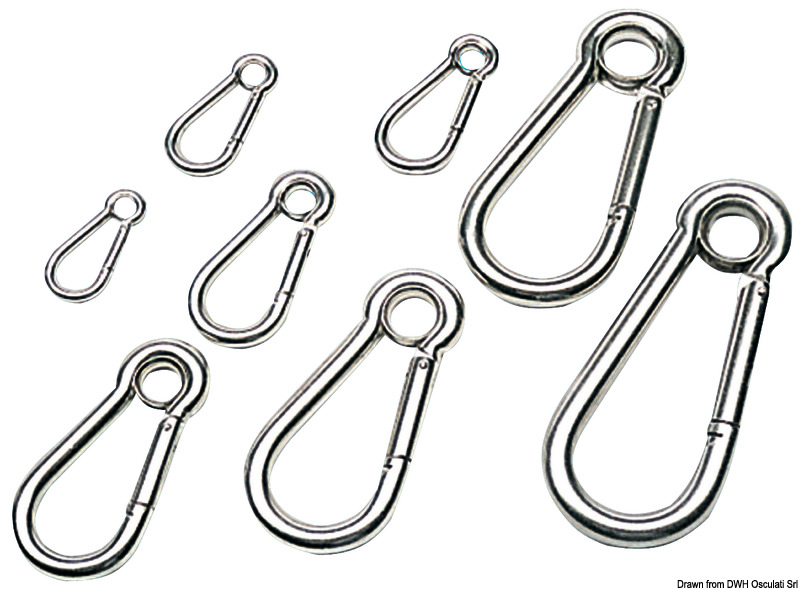 Carabiner hook polished AISI 316 w. eye 13 mm