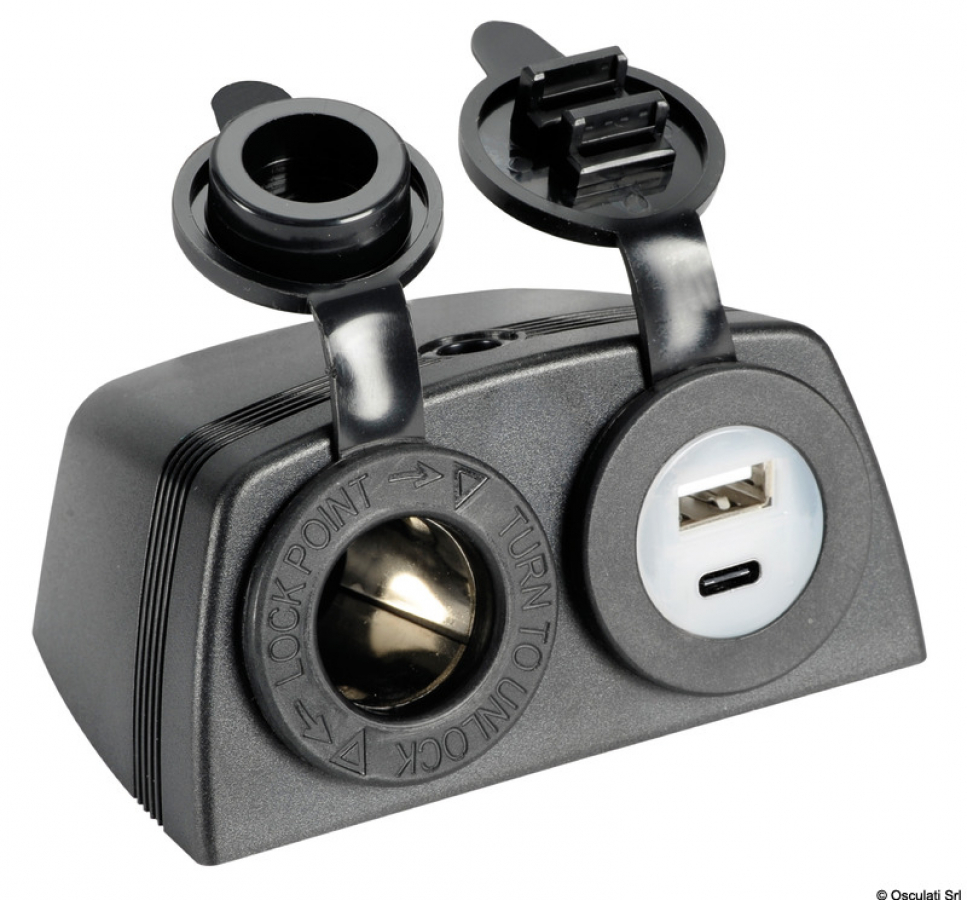 12V socket + USB-A (2.4A) and USB-C (3A) socket