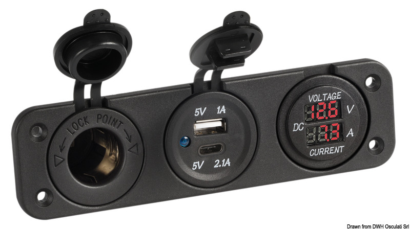 Digital voltmeter and ammeter 12V USB-A + USB-C