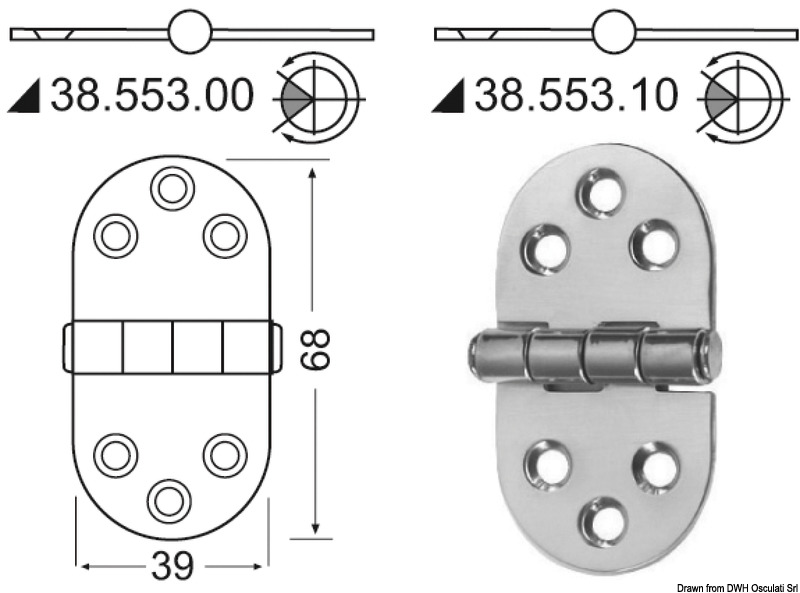 Hinge w/central pin 68x39 mm