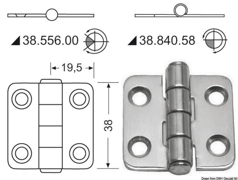 Hinge w/central pin 38x39  mm