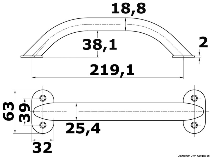 Oval pipe handrail AISI316 19x25 mm 219 mm