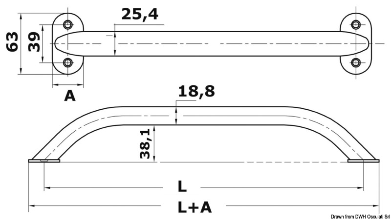 Oval pipe handrail AISI316 19x25 mm 305 mm