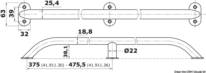 Oval pipe handrail AISI316 19x25 mm 750 mm