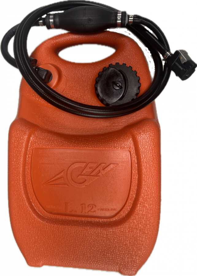 Portable fuel tank 12L orange with hose and Mercury/Yamaha/Tohatsu 4T connector