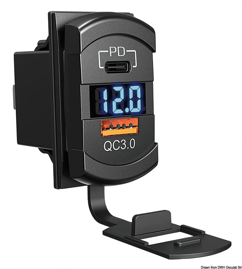 Двойная розетка USB A + USB C с вольтметром 12/24 В 3A +3A QC-3 49x25x51mm