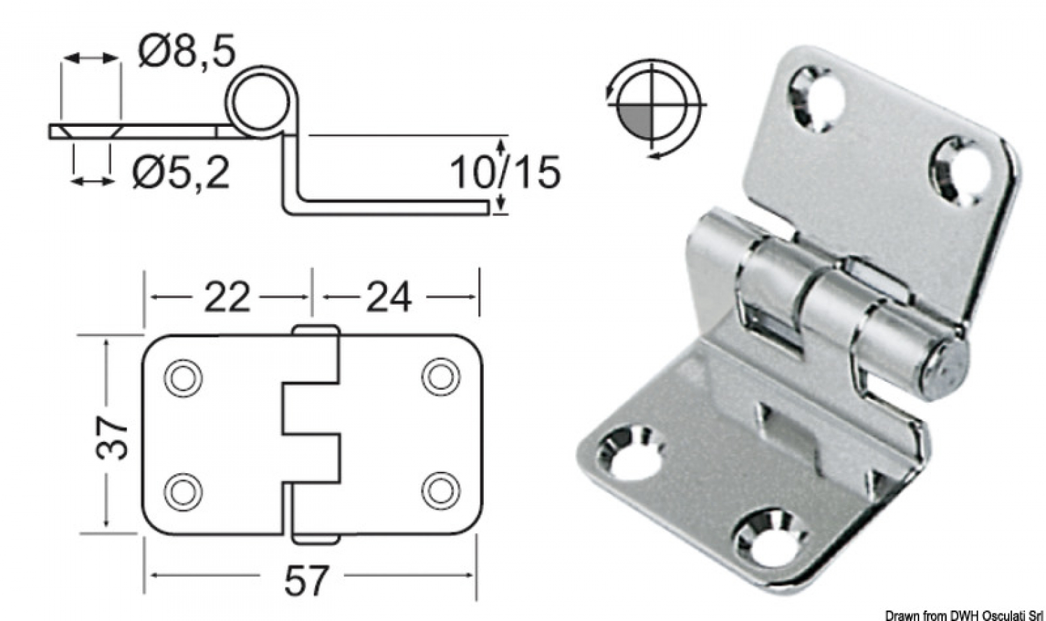 Hinge 57 x 37 x 10 mm 2 mm overhang AISI304