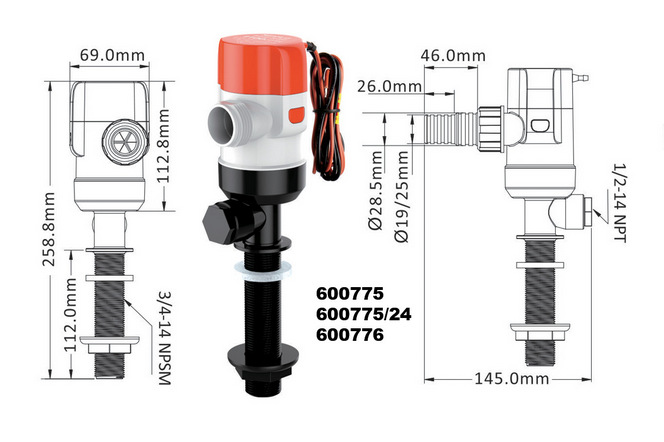 SEAFLO Livewell 13c 800GPH 50l/min pump 12V 3.5A 19-29mm SFBP1-G800-13C