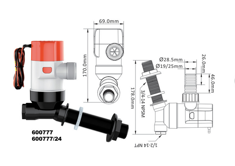 SEAFLO Livewell 800GPH 50l/min pump 13E 12V 3.5A 19-29mm SFBP1-G800-13E
