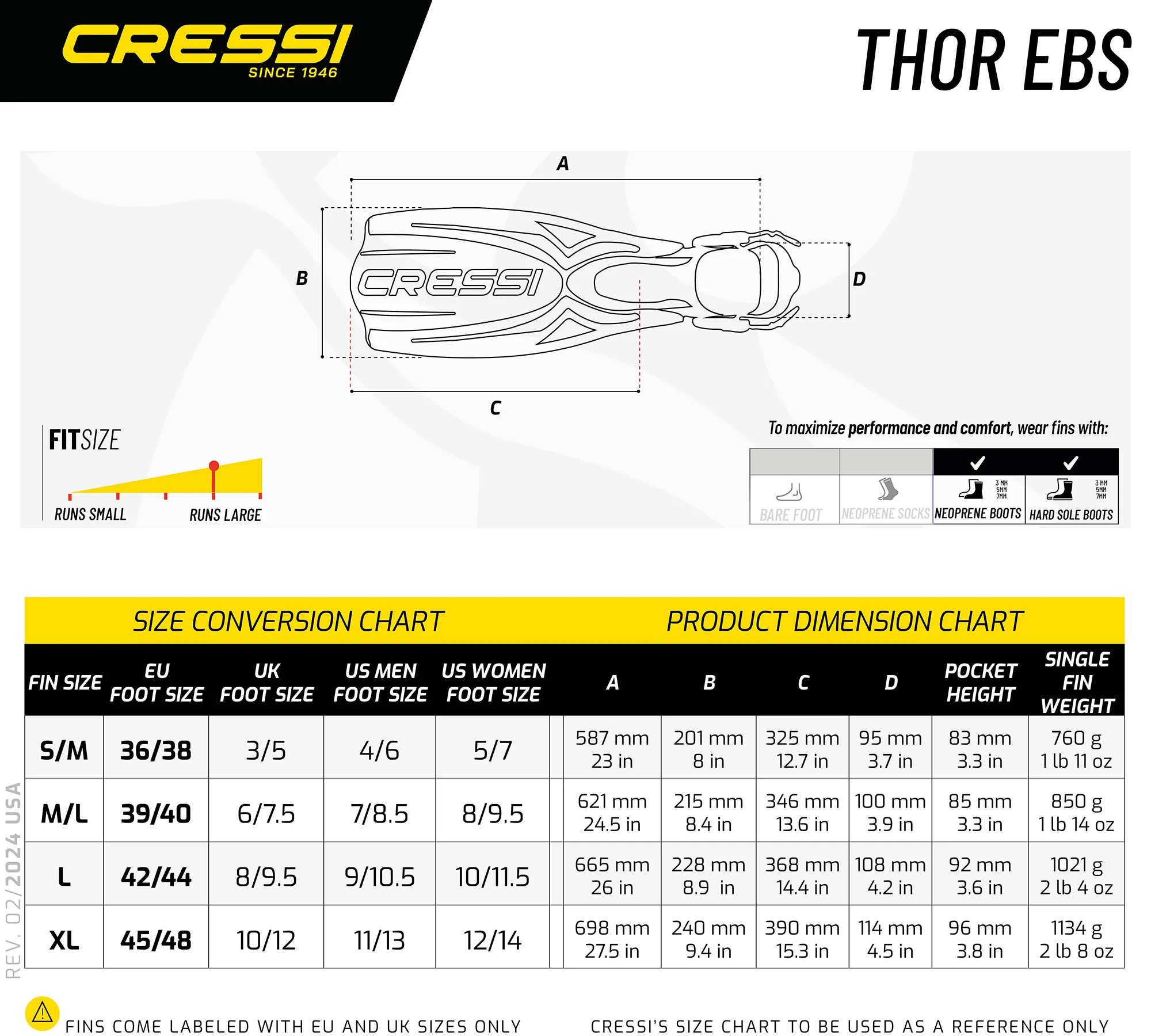 Fins for diving, Cressi Thor ebs - size L (42-44) - yellow