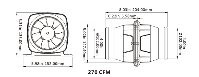 in-line blower 24v 4"/105mm 465m3/h