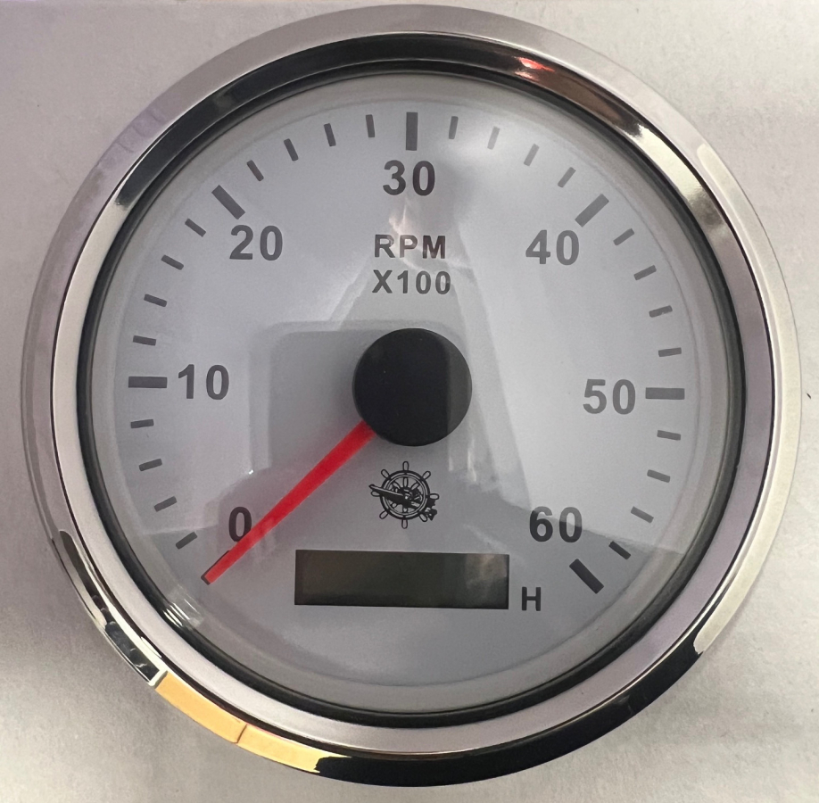 Tachometer 0-6000 RPM white/chrome (With an hour meter 12/24V)