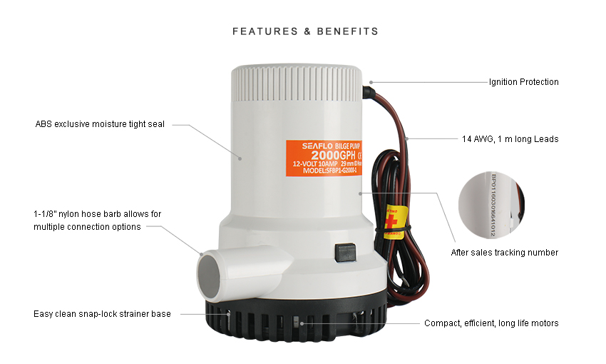 Bilge pump 12V 8A 1500GPH 95L/min 29mm Seaflo SFBP1-G1500-01