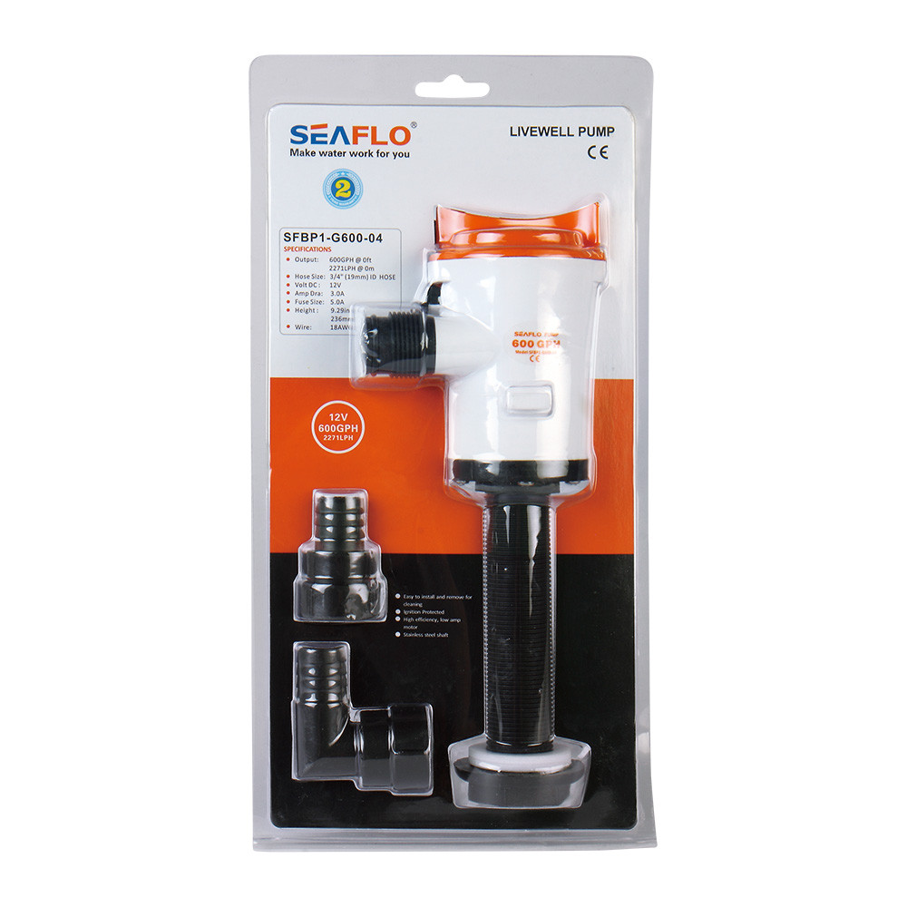 Water pump LIVEWELL 600GPH 38l/min 12V 3A output 19mm - for fish boxes - Seaflo SFBP1-G600-04