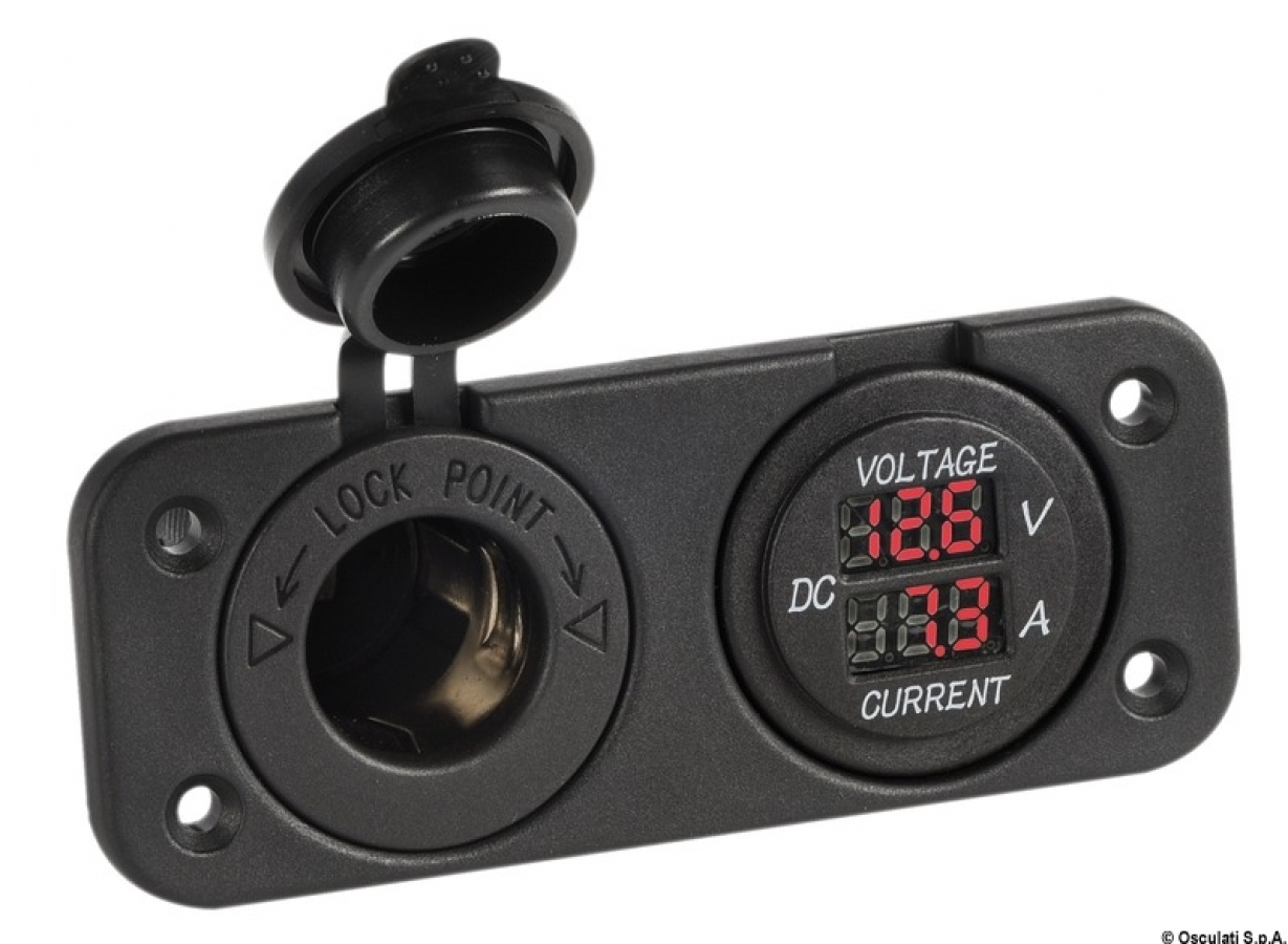 Цифровой вольтметр 8-32V  и амперметр 0-10A, розетка 12В 105x45mm
